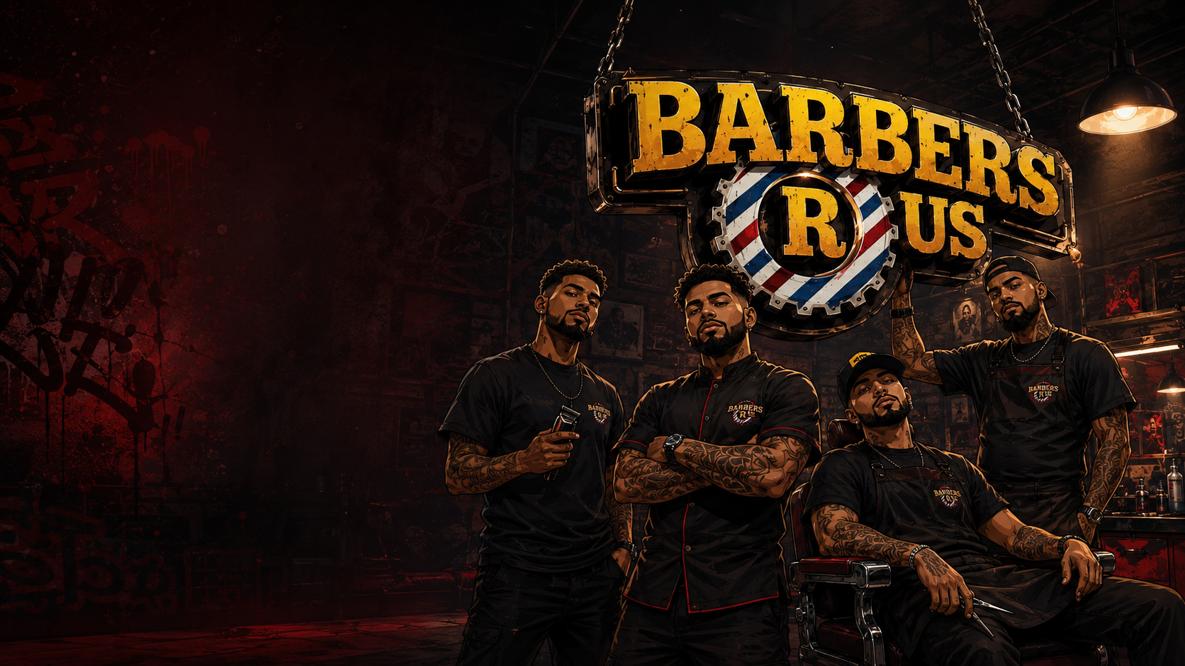 Barbers R Us Atwell — shop sign and barber crew